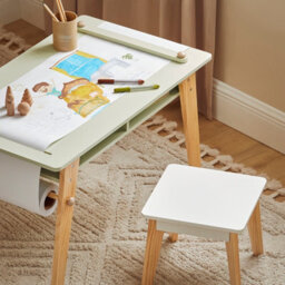 Sobuy Kmb92-Gr,children Table And Stools Set Green With Storage Shelves And Paper Roll Holder,green,w80Xd48Xh51 - thumbnail 4
