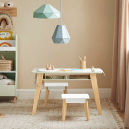 Sobuy Kmb92-Gr,children Table And Stools Set Green With Storage Shelves And Paper Roll Holder,green,w80Xd48Xh51 - thumbnail 2