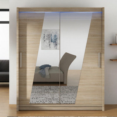 Westa Xiv 200Cm Sliding Door Wardrobe With Mirrors Modern Bedroom Storage With Hanging Rails And Shelves Sonoma Rgb Led Colorful - image 1