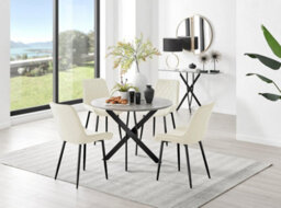 Furniturebox Novara Grey Concrete Effect 100Cm Round Dining Table With Black Starburst Legs & 4 Cream Pesaro Velvet Chairs