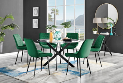 Furniturebox Uk Novara Black Leg 120Cm Round Glass Dining Table & 6 Green Pesaro Black Leg Chairs - image 1