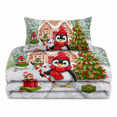 Velosso Multi Sweet Penguin Candy Cane Duvet Cover And Pillowcase Set Double - image 1