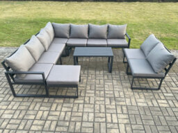 Fimous Aluminium 10 Seater Patio Outdoor Garden Furniture Lounge Corner Sofa Set With Oblong Coffee Table With Big Footstool - thumbnail 2