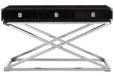 Orsina 3 Drawer Console Table, Textured Black Leather Finish, Stainless Steel Metallic Accentsconsole Table - image 1