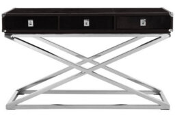 Orsina 3 Drawer Console Table, Textured Black Leather Finish, Stainless Steel Metallic Accentsconsole Table