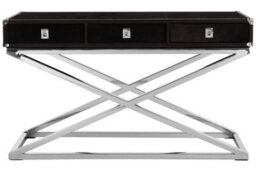 Orsina 3 Drawer Console Table, Textured Black Leather Finish, Stainless Steel Metallic Accentsconsole Table - thumbnail 5