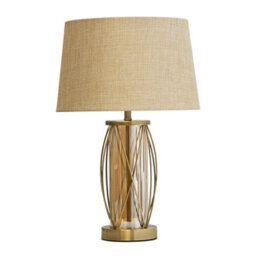 Lighting Supermarket Ashleigh Antique Brass Amber Glass Cylinder Lantern Table Lamp With Beige Shade - thumbnail 1