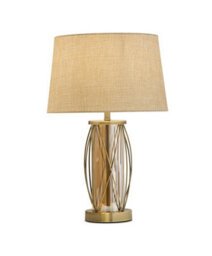 Lighting Supermarket Ashleigh Antique Brass Amber Glass Cylinder Lantern Table Lamp With Beige Shade - thumbnail 2