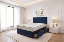 Knight Sleep York Navy Plush 4Ft Hybrid Sprung Orthopaedic Divan Bed Set 2 Drawers With Upholstered Headboard - Small Double - thumbnail 1