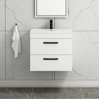 Royal Bathrooms Turin Gloss White 600mm Wall Hung Vanity Unit 2 Drawer With Mid-Edge Basin Sink & Matt Black Handles - image 1