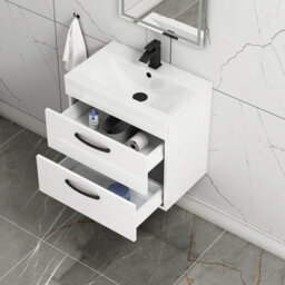 Royal Bathrooms Turin Gloss White 600mm Wall Hung Vanity Unit 2 Drawer With Mid-Edge Basin Sink & Matt Black Handles - thumbnail 5