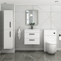 Royal Bathrooms Turin Gloss White 600mm Wall Hung Vanity Unit 2 Drawer With Mid-Edge Basin Sink & Matt Black Handles - thumbnail 4