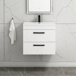 Royal Bathrooms Turin Gloss White 600mm Wall Hung Vanity Unit 2 Drawer With Mid-Edge Basin Sink & Matt Black Handles - thumbnail 1