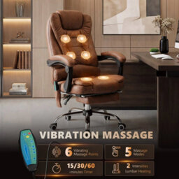 High Back Heated Massage Office Chair With 6 Vibration Points, Footrest, Brown - thumbnail 3