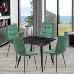 Urbn-Living Urbnliving 5Pcs Crimea Shinny Modern Ceramic Top Dining Table & Green Velvet Chairs With Metal Legs