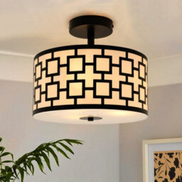 Long Life Lamps Company Frosted Glass Ceiling Light Flush Mount Drum Lamp Shade Black Chequered H3124 - thumbnail 7