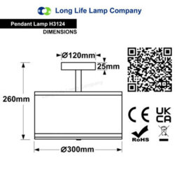 Long Life Lamps Company Frosted Glass Ceiling Light Flush Mount Drum Lamp Shade Black Chequered H3124 - thumbnail 2