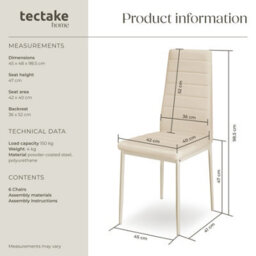 Tectake Set Of 6 Dining Chairs - High Backrest, Padded, Synthetic Leather   - Beige - thumbnail 6