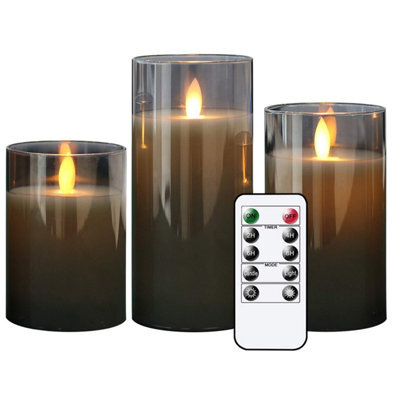 Eldnacele Gray Glass Flameless Candles Flickering With Remote, Moving Wick Battery Operated Realistic Warm Light Candle, Set Of 3