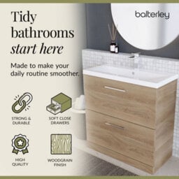 Balterley Contemporary Bathroom Floor Standing 2 Soft-Close Drawer Vanity Unit & Mid-Edge Ceramic Basin, Bleached Oak, 800 mm - thumbnail 3