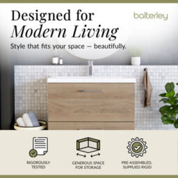 Balterley Contemporary Bathroom Floor Standing 2 Soft-Close Drawer Vanity Unit & Mid-Edge Ceramic Basin, Bleached Oak, 800 mm - thumbnail 2