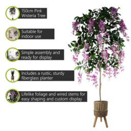 Pegdev - Pdl 150Cm Artificial Light Pink Wisteria Tree With Realistic Foliage In Rustic Fibreglass Planter For Indoor Display - thumbnail 2