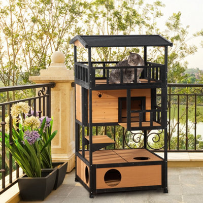 Pawhut Wooden Outdoor Cat House 3-Tier Kitten Shelter W/ Tilted Roof Yellow - image 1