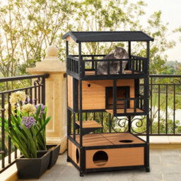 Pawhut Wooden Outdoor Cat House 3-Tier Kitten Shelter W/ Tilted Roof Yellow - thumbnail 1