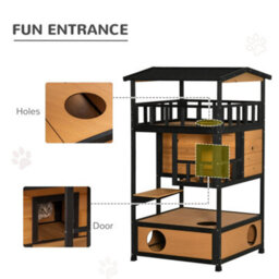 Pawhut Wooden Outdoor Cat House 3-Tier Kitten Shelter W/ Tilted Roof Yellow - thumbnail 5