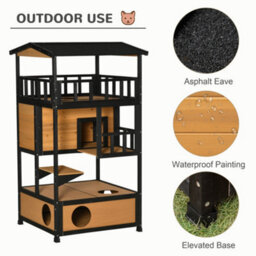 Pawhut Wooden Outdoor Cat House 3-Tier Kitten Shelter W/ Tilted Roof Yellow - thumbnail 6