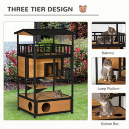 Pawhut Wooden Outdoor Cat House 3-Tier Kitten Shelter W/ Tilted Roof Yellow - thumbnail 4
