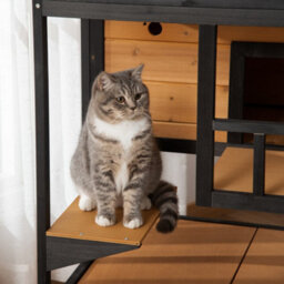 Pawhut Wooden Outdoor Cat House 3-Tier Kitten Shelter W/ Tilted Roof Yellow - thumbnail 9