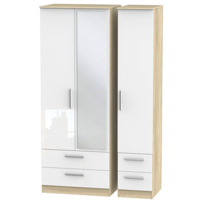 Trent Tall Triple 4 Drawer Mirror Wardrobe In White Gloss & Bardolino Oak (Ready Assembled)
