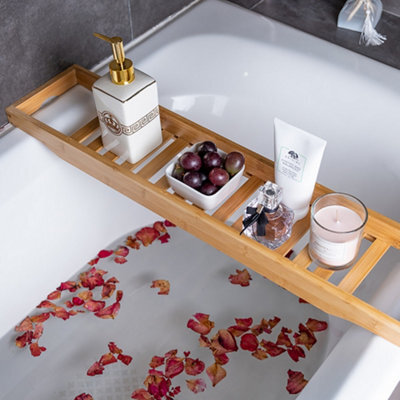Living And Home Brown Luxury Bamboo Bathtub Caddy Tray Wood Bath Tray Placed Book Tablet Smartphone Wine Holder 70Cm - image 1