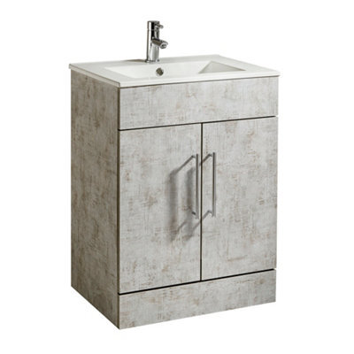 Homestylestore 600mm Concrete Grey Floorstanding Bathroom Vanity Unit And Chrome T Bar Handle - image 1