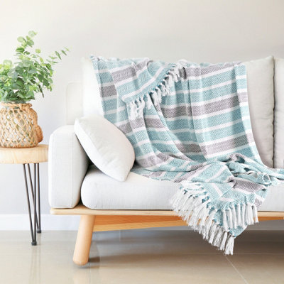 Ehc Herringbone Stripe Cotton Throw For Double Bed Sofa Couch,150 X 200 Cm, Teal - image 1