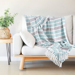 Ehc Herringbone Stripe Cotton Throw For Double Bed Sofa Couch,150 X 200 Cm, Teal - thumbnail 1