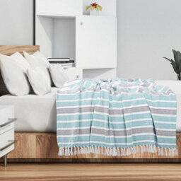 Ehc Herringbone Stripe Cotton Throw For Double Bed Sofa Couch,150 X 200 Cm, Teal - thumbnail 2