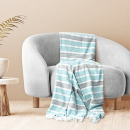 Ehc Herringbone Stripe Cotton Throw For Double Bed Sofa Couch,150 X 200 Cm, Teal - thumbnail 4