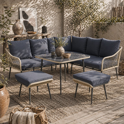 Wyld Haus Vika Natural Rattan Grey 7-Seater Garden Sofa Set With Coffee Table And 2 Stools - image 1