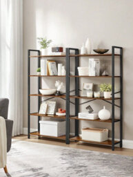 LEDREM 5 Tier Bookcase Storage Unit With Steel Frame For Living Room, Office, Entryway, Industrial Style, Rustic Brown And Black - thumbnail 2