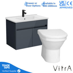 Vitra 800mm Wall Hung Bathroom Vanity Unit With 2 Doors Includes Basin, Black Tap And Back To Wall Toilet - Grey Gloss - thumbnail 1