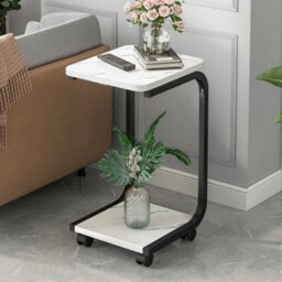 Black End Table Shelf Rack Living Room Rolling Square Small Side Table C Shape - thumbnail 1