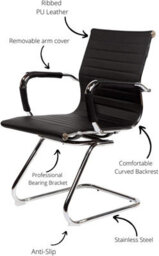 Evre Office Chrome Cantilever Desk Chair - Stainless Steel Frame & Ribbed Pu Padded Faux Leather (Black) - thumbnail 5