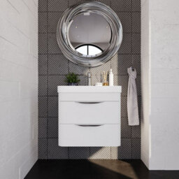 Balterley Aldershawe Modern Bathroom Wall Hung 2 Drawer Thin Edge Vanity Unit Basin, Gloss White, 590mm - thumbnail 2