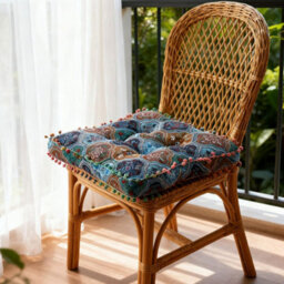 Thehotsale Blue Romantic Turkish Blue Faux Linen Double-Sided Chair Cushion With Pom-Poms, 40Cm (W) X 40Cm (D) X 8Cm (H) - thumbnail 4