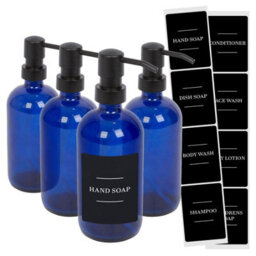Harbour Housewares Glass Soap Dispensers With Labels - 500Ml - Blue/black - Pack Of 4 Refillable Kitchen Bathroom Pump Bottles