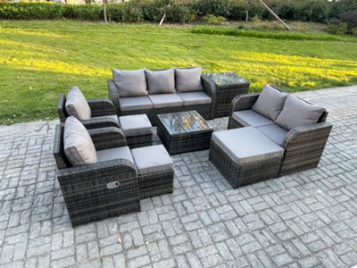 Fimous 10 Seater Garden Furniture Set Rattan Outdoor Lounge Sofa Chair With Tempered Glass Table 3 Footstools Side Table - image 1