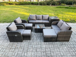 Fimous 10 Seater Garden Furniture Set Rattan Outdoor Lounge Sofa Chair With Tempered Glass Table 3 Footstools Side Table - thumbnail 2