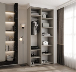 Arte Elegant Cashmere Como 3 Hinged Door Wardrobe H2460mm W1100mm D500mm, Two Doors, Eight Shelves, Hanging Rail, Gold Vertical Handles - thumbnail 3